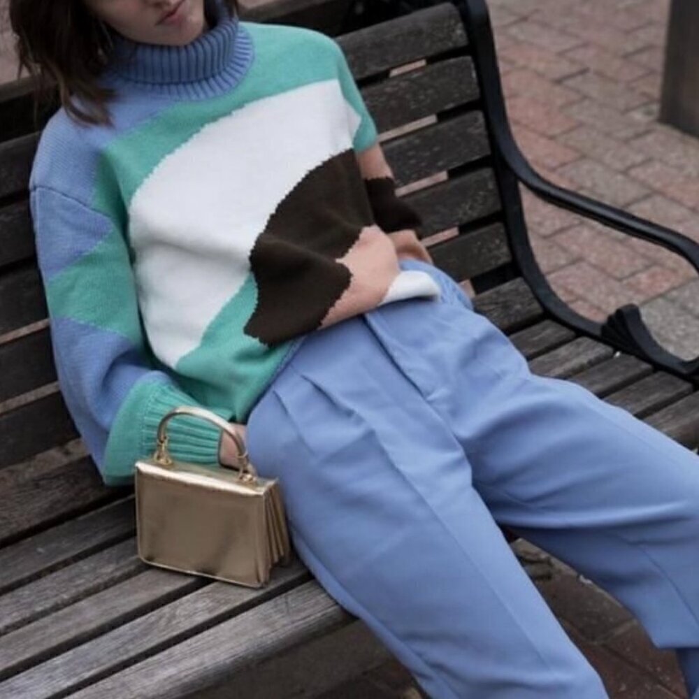 House of Sunny Landscape Wool Blend Blue Knit Jumper Sweater US 2​​​​​​​​​​​​